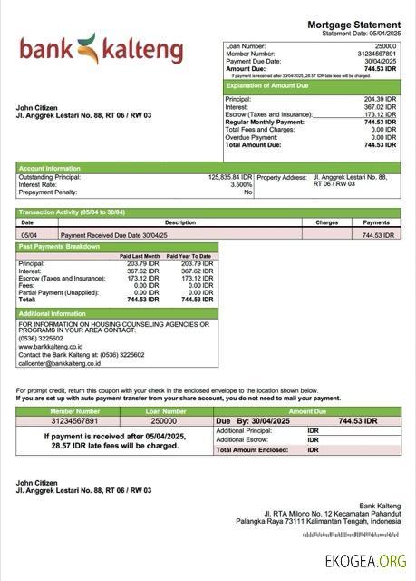 Modèle Word et PDF de relevé hypothécaire de la Banque indonésienne Kalteng
